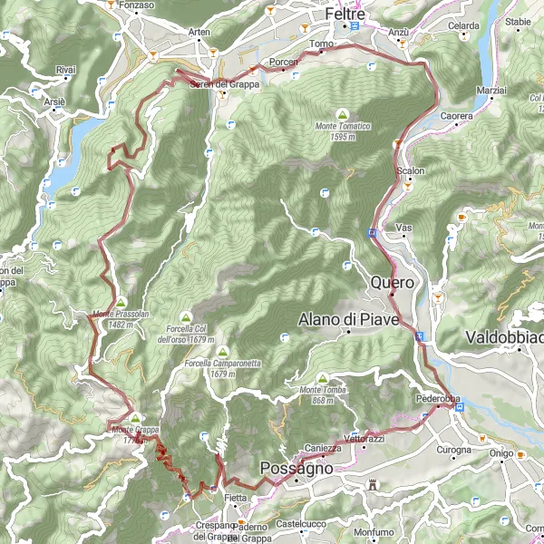 Miniaturní mapa "Hory a vesnice" inspirace pro cyklisty v oblasti Veneto, Italy. Vytvořeno pomocí plánovače tras Tarmacs.app
