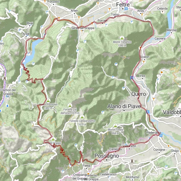 Miniature de la carte de l'inspiration cycliste "Aventure en gravel vers Quero" dans la Veneto, Italy. Générée par le planificateur d'itinéraire cycliste Tarmacs.app