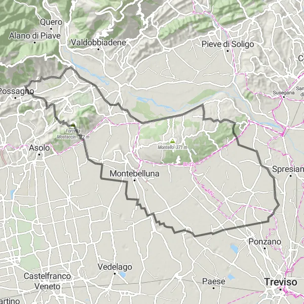 Map miniature of "The Challenging Ride" cycling inspiration in Veneto, Italy. Generated by Tarmacs.app cycling route planner