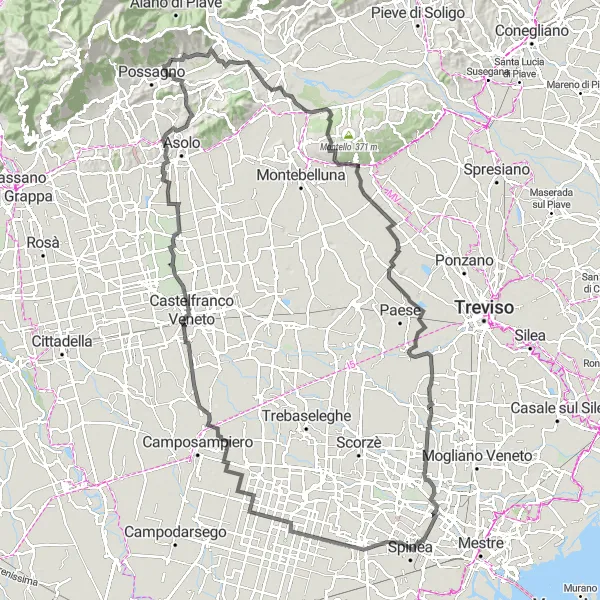 Miniaturní mapa "Silniční Kolo Veneto Extrém" inspirace pro cyklisty v oblasti Veneto, Italy. Vytvořeno pomocí plánovače tras Tarmacs.app
