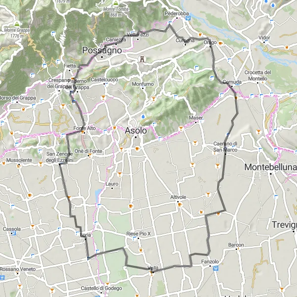 Miniatura della mappa di ispirazione al ciclismo "Giro Panoramico in Bici da Onigo a Possagno" nella regione di Veneto, Italy. Generata da Tarmacs.app, pianificatore di rotte ciclistiche