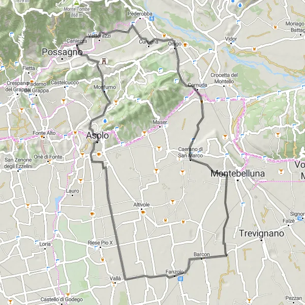 Miniatura della mappa di ispirazione al ciclismo "Giro in Bici da Onigo a Caniezza" nella regione di Veneto, Italy. Generata da Tarmacs.app, pianificatore di rotte ciclistiche