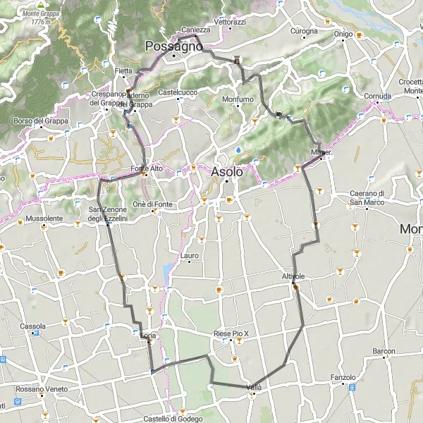 Map miniature of "Road Serenade in Veneto" cycling inspiration in Veneto, Italy. Generated by Tarmacs.app cycling route planner