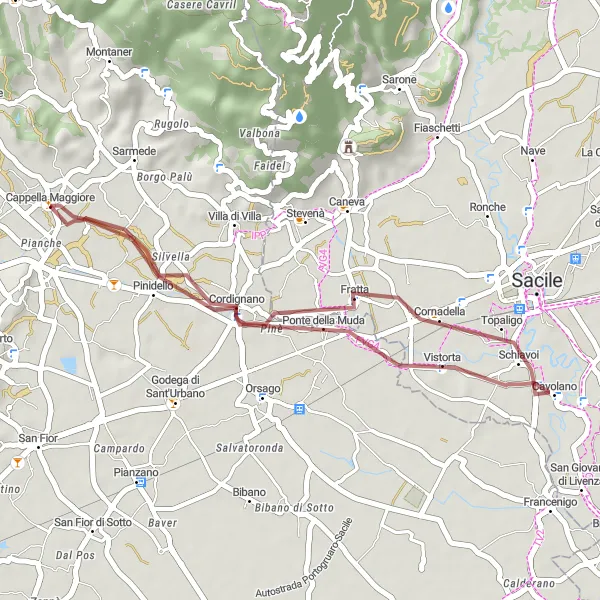 Map miniature of "Cappella Maggiore - Cordignano Gravel Ride" cycling inspiration in Veneto, Italy. Generated by Tarmacs.app cycling route planner