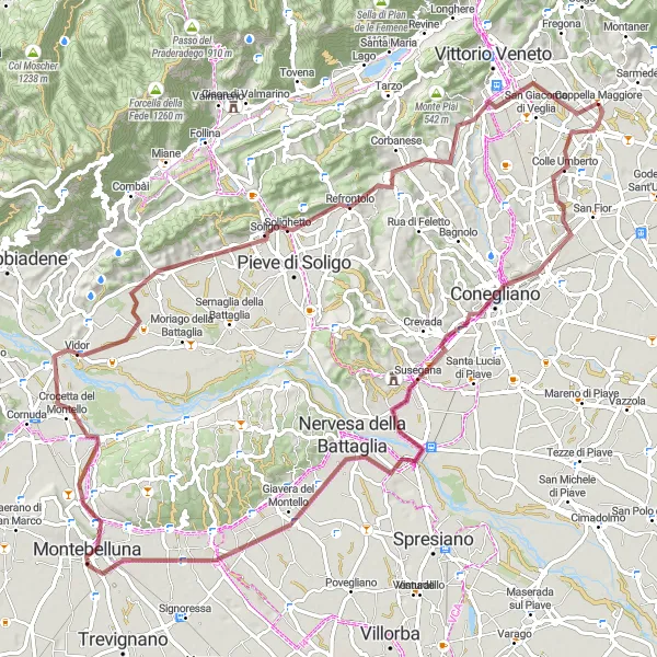 Miniatua del mapa de inspiración ciclista "Ruta de Ciclismo de Grava por Montebelluna" en Veneto, Italy. Generado por Tarmacs.app planificador de rutas ciclistas