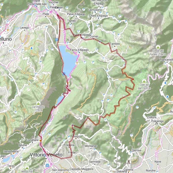 Mapa miniatúra "Gravelový okruh cez Fadalto a Pravinera" cyklistická inšpirácia v Veneto, Italy. Vygenerované cyklistickým plánovačom trás Tarmacs.app
