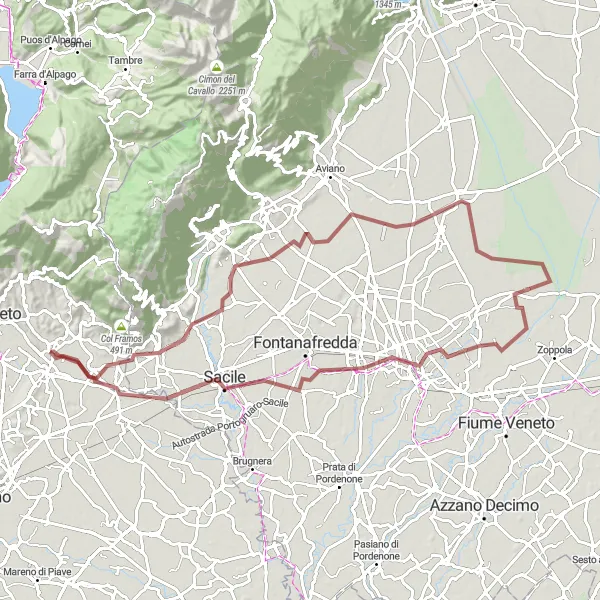 Map miniature of "Gravel Journey to Cordignano" cycling inspiration in Veneto, Italy. Generated by Tarmacs.app cycling route planner