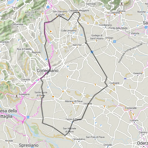 Mapa miniatúra "Trasa okolo Conegliana" cyklistická inšpirácia v Veneto, Italy. Vygenerované cyklistickým plánovačom trás Tarmacs.app