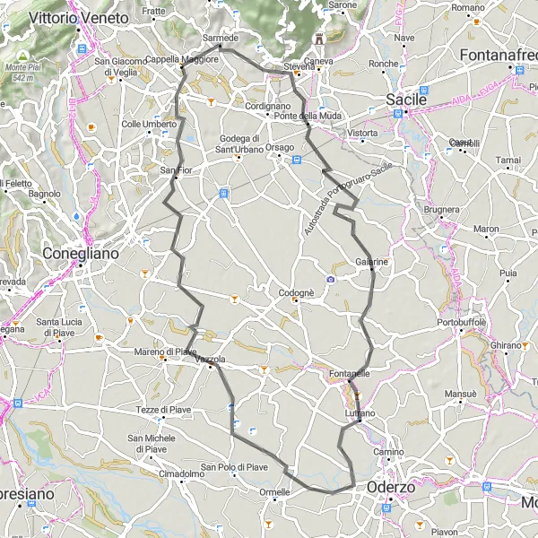 Miniature de la carte de l'inspiration cycliste "Route de Cappella Maggiore à Borgo Gava" dans la Veneto, Italy. Générée par le planificateur d'itinéraire cycliste Tarmacs.app