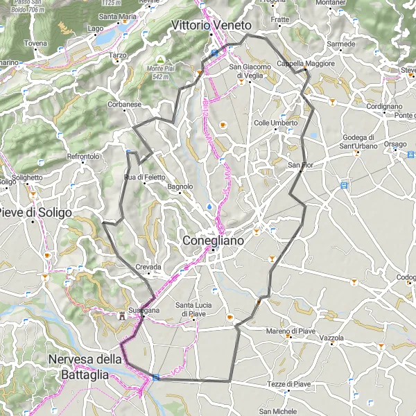 Map miniature of "Cappella Maggiore - Cèneda Road Cycling Challenge" cycling inspiration in Veneto, Italy. Generated by Tarmacs.app cycling route planner