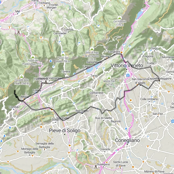 Zemljevid v pomanjšavi "Cestna krožna pot iz Cappella Maggiore" kolesarske inspiracije v Veneto, Italy. Generirano z načrtovalcem kolesarskih poti Tarmacs.app
