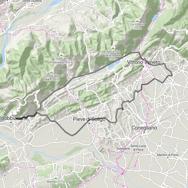 Miniaturekort af cykelinspirationen "Spændende landevejsrute gennem bjergene" i Veneto, Italy. Genereret af Tarmacs.app cykelruteplanlægger