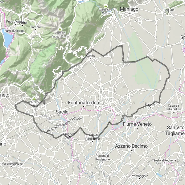 Map miniature of "Road Adventure to Cordignano" cycling inspiration in Veneto, Italy. Generated by Tarmacs.app cycling route planner