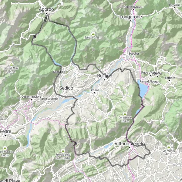 Miniatua del mapa de inspiración ciclista "Exigente Ruta en Carretera a Belluno y Vittorio Veneto" en Veneto, Italy. Generado por Tarmacs.app planificador de rutas ciclistas
