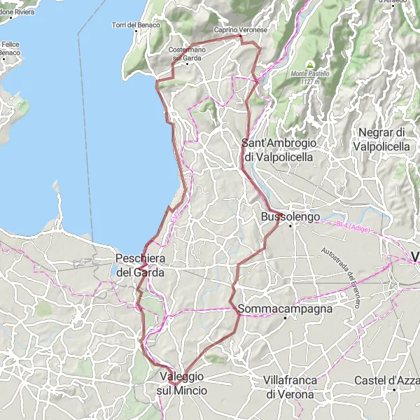 Map miniature of "Gravel Adventure to Ponti sul Mincio" cycling inspiration in Veneto, Italy. Generated by Tarmacs.app cycling route planner
