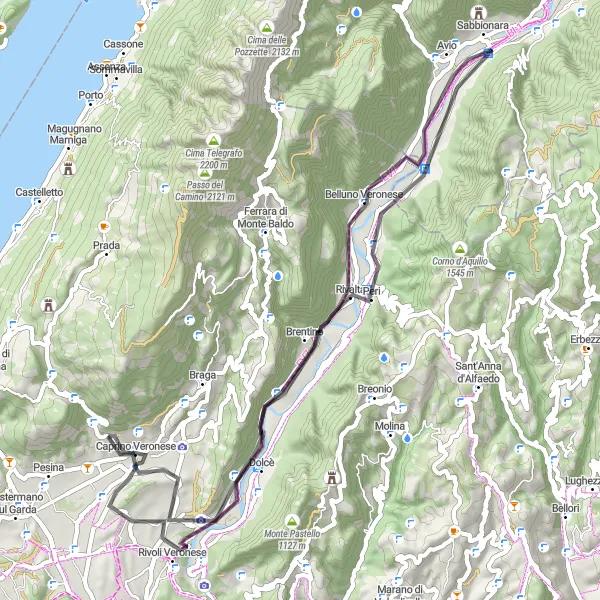 Miniature de la carte de l'inspiration cycliste "Tour des Montagnes de Vérone" dans la Veneto, Italy. Générée par le planificateur d'itinéraire cycliste Tarmacs.app