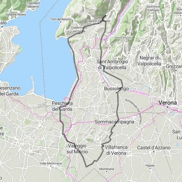 Miniatura della mappa di ispirazione al ciclismo "Giro tra Lago di Garda e Monti Veronesi" nella regione di Veneto, Italy. Generata da Tarmacs.app, pianificatore di rotte ciclistiche