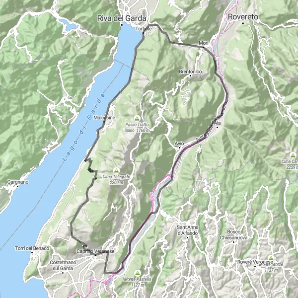 Miniaturní mapa "Excursion To Malcesine and Mori" inspirace pro cyklisty v oblasti Veneto, Italy. Vytvořeno pomocí plánovače tras Tarmacs.app