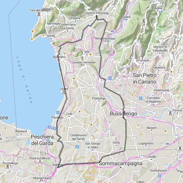 Miniaturekort af cykelinspirationen "Gaon til Bardolino Road Cycle Route" i Veneto, Italy. Genereret af Tarmacs.app cykelruteplanlægger
