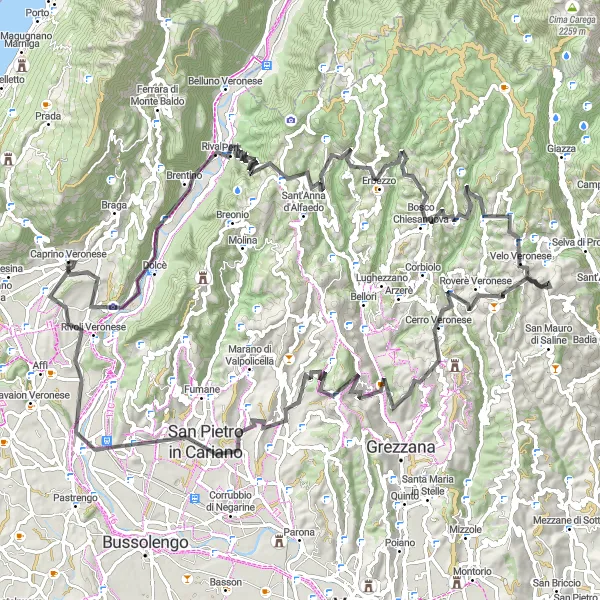 Miniatura della mappa di ispirazione al ciclismo "Giro Panoramico tra i Monti Veronesi" nella regione di Veneto, Italy. Generata da Tarmacs.app, pianificatore di rotte ciclistiche