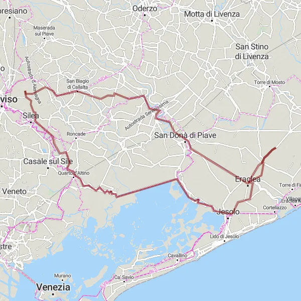Miniatua del mapa de inspiración ciclista "Ruta de Ciclismo en Grava por Jesolo y Eraclea" en Veneto, Italy. Generado por Tarmacs.app planificador de rutas ciclistas