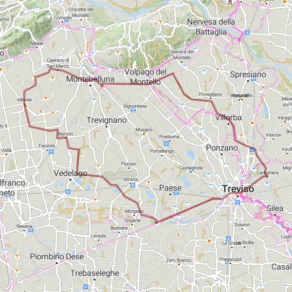 Mapa miniatúra "Gravelový okruh cez Quinto di Treviso, Vedelago, Altivole, Volpago del Montello a Povegliano" cyklistická inšpirácia v Veneto, Italy. Vygenerované cyklistickým plánovačom trás Tarmacs.app