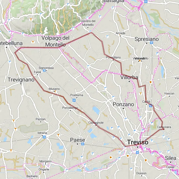 Kartminiatyr av "Eventful rute fra Carbonera til Treviso" sykkelinspirasjon i Veneto, Italy. Generert av Tarmacs.app sykkelrutoplanlegger