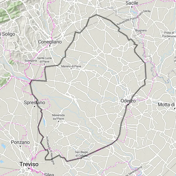 Miniatuurkaart van de fietsinspiratie "Ontdek het landelijke landschap van Oderzo en Villa Tiepolo Passi" in Veneto, Italy. Gemaakt door de Tarmacs.app fietsrouteplanner