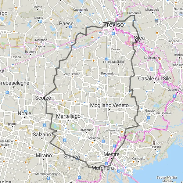 Zemljevid v pomanjšavi "Potovanje po cesti v bližini Carbonera" kolesarske inspiracije v Veneto, Italy. Generirano z načrtovalcem kolesarskih poti Tarmacs.app