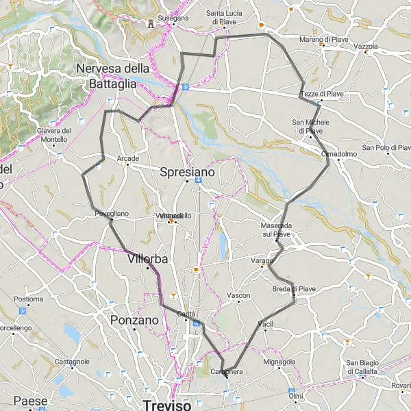 Mapa miniatúra "Okruh na ceste cez Povegliano, Santa Lucia di Piave, Cimadolmo a Carbonera" cyklistická inšpirácia v Veneto, Italy. Vygenerované cyklistickým plánovačom trás Tarmacs.app
