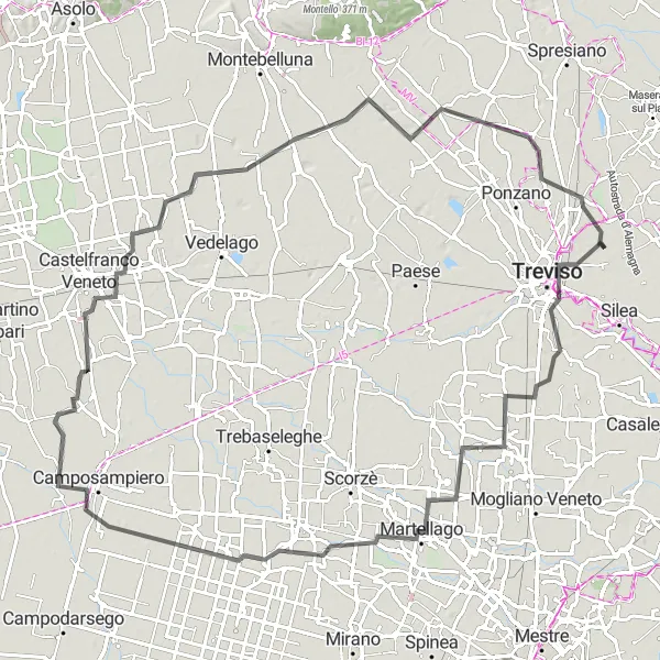 Miniature de la carte de l'inspiration cycliste "Route de Preganziol à Carbonera" dans la Veneto, Italy. Générée par le planificateur d'itinéraire cycliste Tarmacs.app