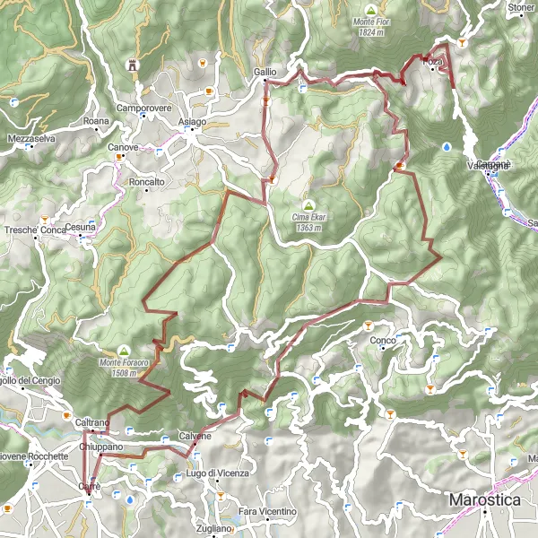 Miniaturekort af cykelinspirationen "Grusvejstur til Cima Fonte" i Veneto, Italy. Genereret af Tarmacs.app cykelruteplanlægger
