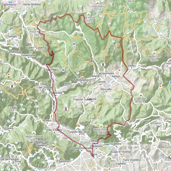 Miniaturní mapa "Gravel Trasa Eremo di Meda a Caltrano" inspirace pro cyklisty v oblasti Veneto, Italy. Vytvořeno pomocí plánovače tras Tarmacs.app