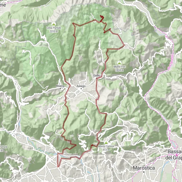 Map miniature of "Gravel Adventure in the Veneto Countryside" cycling inspiration in Veneto, Italy. Generated by Tarmacs.app cycling route planner
