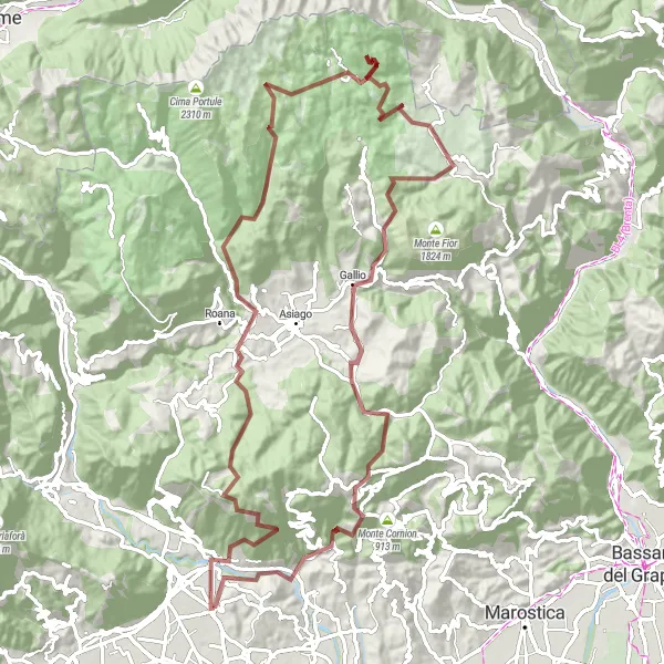 Miniatuurkaart van de fietsinspiratie "Uitdagende Gravelroute door de Bergen" in Veneto, Italy. Gemaakt door de Tarmacs.app fietsrouteplanner