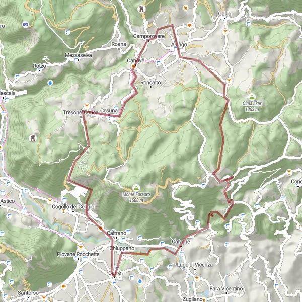 Miniaturní mapa "Gravelová výprava kolem Carrè" inspirace pro cyklisty v oblasti Veneto, Italy. Vytvořeno pomocí plánovače tras Tarmacs.app