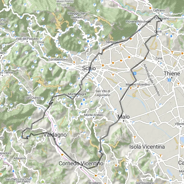 Miniatuurkaart van de fietsinspiratie "Wegtocht naar Monte Pulli en Santorso" in Veneto, Italy. Gemaakt door de Tarmacs.app fietsrouteplanner