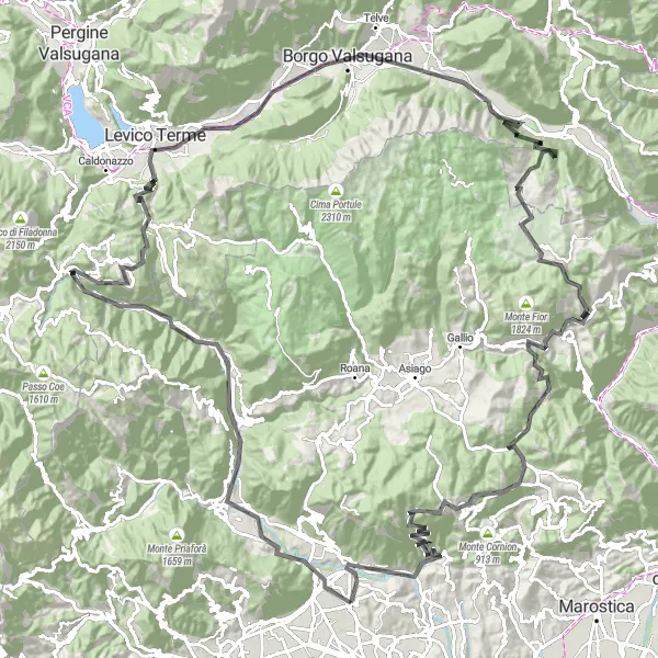 Miniaturní mapa "Náročný okruh kolem Monte Corno" inspirace pro cyklisty v oblasti Veneto, Italy. Vytvořeno pomocí plánovače tras Tarmacs.app