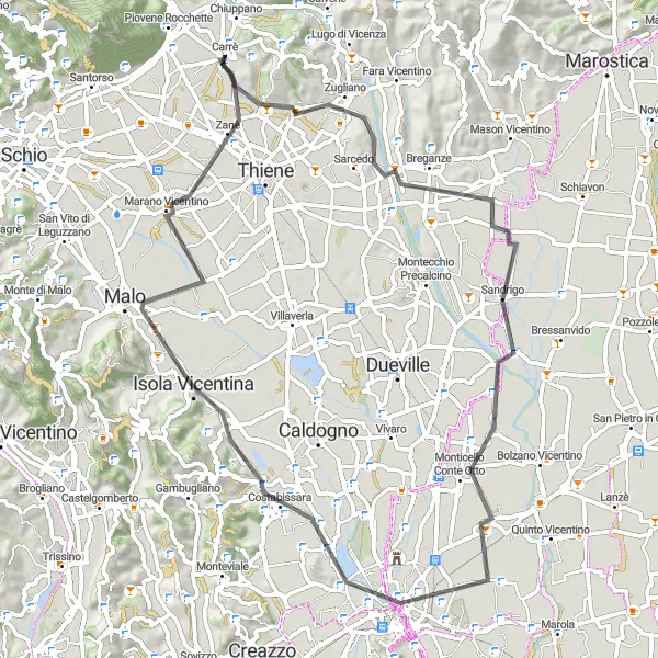 Kartminiatyr av "Rundtur från Carrè" cykelinspiration i Veneto, Italy. Genererad av Tarmacs.app cykelruttplanerare