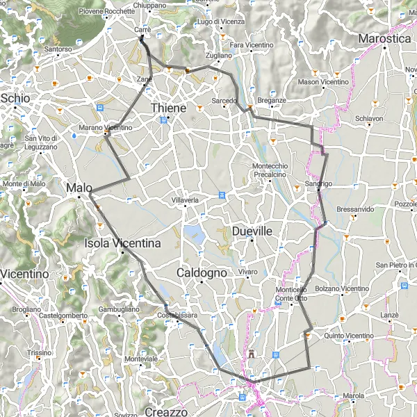 Map miniature of "Road Cycling Adventure to Vicenza" cycling inspiration in Veneto, Italy. Generated by Tarmacs.app cycling route planner