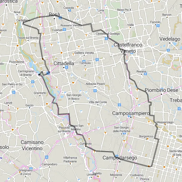Miniatura mapy "Trasa rowerowa w okolicach Cartigliano" - trasy rowerowej w Veneto, Italy. Wygenerowane przez planer tras rowerowych Tarmacs.app