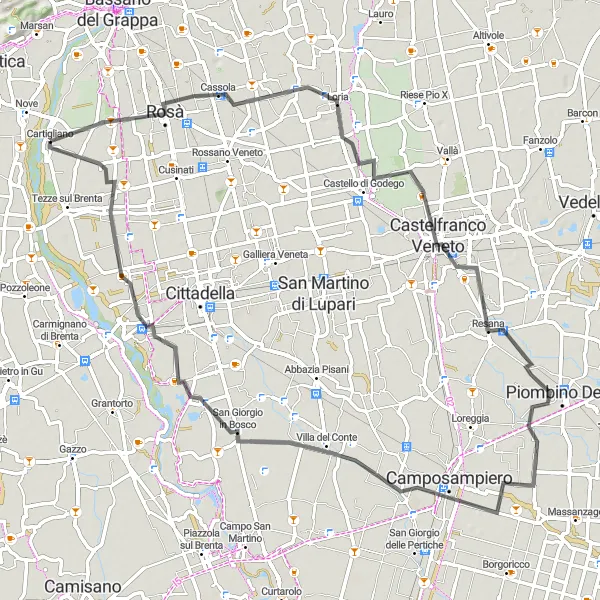 Miniatura mapy "Trasa szosowa z Cartigliano do Camposampiero" - trasy rowerowej w Veneto, Italy. Wygenerowane przez planer tras rowerowych Tarmacs.app