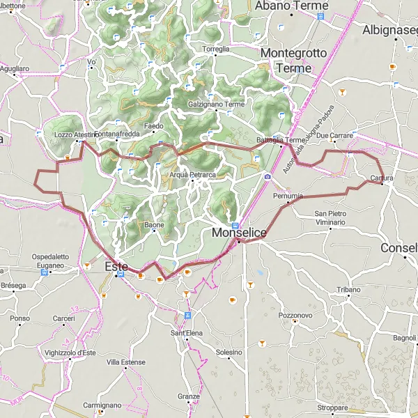 Miniatua del mapa de inspiración ciclista "Ruta de ciclismo en gravilla desde Cartura a Due Carrare" en Veneto, Italy. Generado por Tarmacs.app planificador de rutas ciclistas