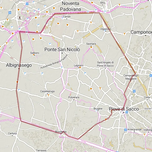 Zemljevid v pomanjšavi "Pustolovščina po makadamskih poteh blizu Carture" kolesarske inspiracije v Veneto, Italy. Generirano z načrtovalcem kolesarskih poti Tarmacs.app