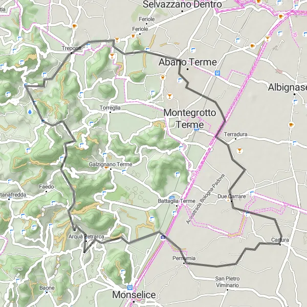 Map miniature of "Pernumia to Due Carrare Loop" cycling inspiration in Veneto, Italy. Generated by Tarmacs.app cycling route planner