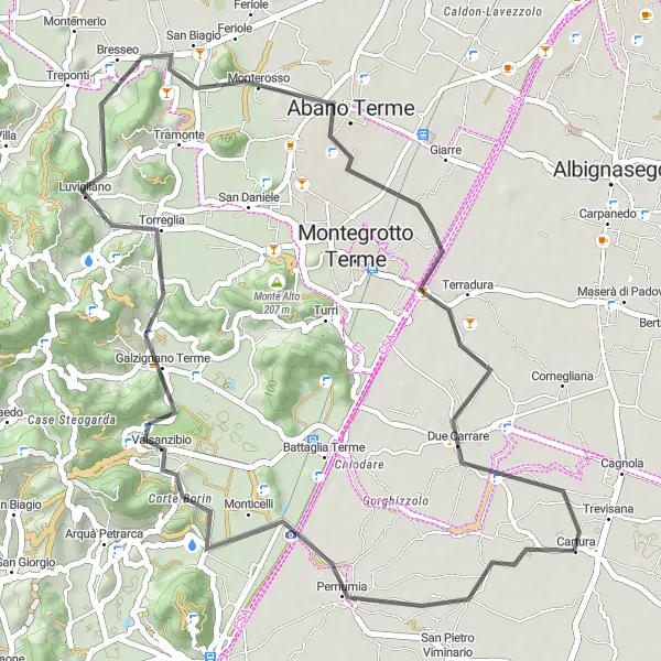 Miniatura della mappa di ispirazione al ciclismo "Esplorazione dei Colli Euganei in bicicletta" nella regione di Veneto, Italy. Generata da Tarmacs.app, pianificatore di rotte ciclistiche