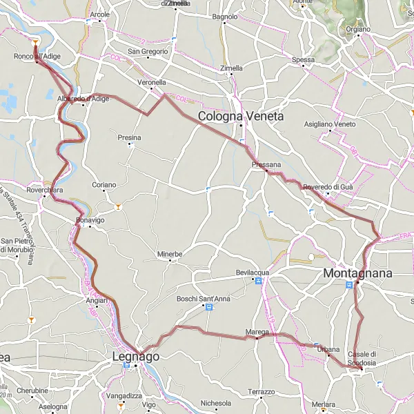 Mapa miniatúra "Gravelová trasa cez Maregu a Ronco all'Adige" cyklistická inšpirácia v Veneto, Italy. Vygenerované cyklistickým plánovačom trás Tarmacs.app
