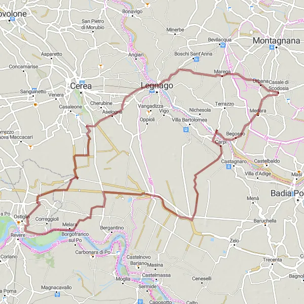 Mapa miniatúra "Gravelová trasa s výzvami cez Begosso a Melara" cyklistická inšpirácia v Veneto, Italy. Vygenerované cyklistickým plánovačom trás Tarmacs.app