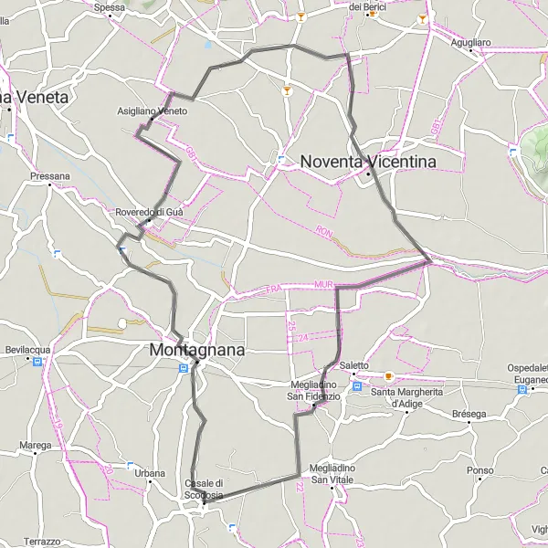 Miniatua del mapa de inspiración ciclista "Ruta en Carretera por Noventa Vicentina y Casale di Scodosia" en Veneto, Italy. Generado por Tarmacs.app planificador de rutas ciclistas