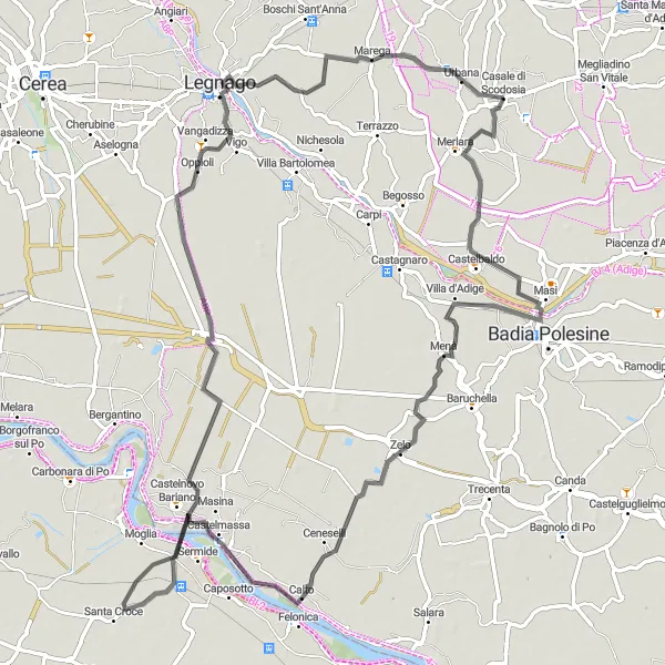 Miniatura della mappa di ispirazione al ciclismo "Cicloturismo da Casale di Scodosia a Villa d'Adige" nella regione di Veneto, Italy. Generata da Tarmacs.app, pianificatore di rotte ciclistiche